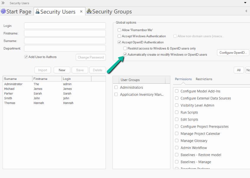 enable this option to automatically create or modify users in EA model