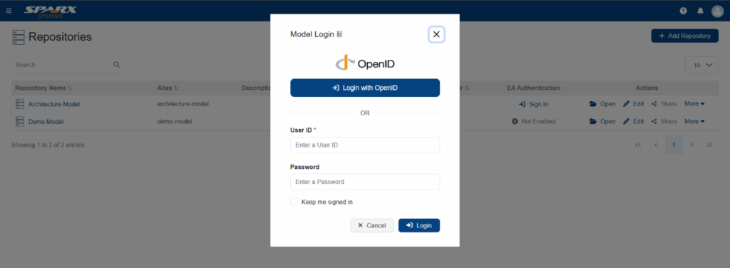 enter model credentials or use OpenID to open the repository