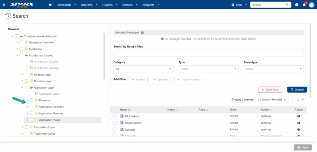 search for artifacts by name or alias or category or type or stereotype from the selected package
